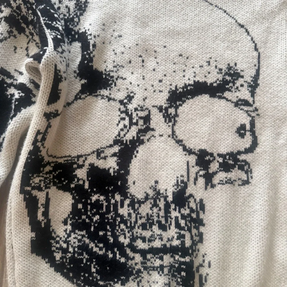 BoohooMAN‎ Mens Skull Graphic Knit Sweater Off White Black Crew Neck Small